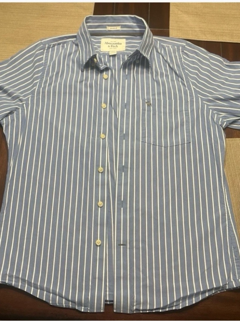 Abercrombie & Fitch Men's Blue and White Vertical Stripe Button-Down Shirt